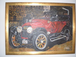 Dekorativ Cadillac festmény , akril festékkel készűlt , vászonra . Arany szinű kertben .
