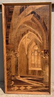 Iparművészeti intarzia, Pannonhalma: Altemplom részlet, nagyméret 72 x 43 cm. szignózott
