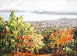 View of Balatonfüred with the Tihany Peninsula - an oil painting by a contemporary Hungarian artist in a silver frame