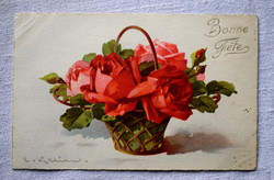 Antik Klein  üdvözlő képeslap rózsacsokor
