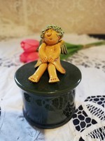 Old ceramic handcrafted jewelry holder with a lovely angel, k m monogram for sale!