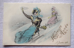 Antik grafikus Újévi üdvözlő képeslap szánkózó hölgyek Vienne?