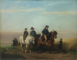 Lovasokat ábrázoló, nagy méretű, XIX. sz.-i olaj-vászon festmény