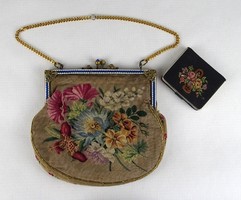 1H720 Gyönyörű antik zománcozott réz csatos gobelin díszes színházi táska