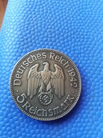 Harmadik Birodalmi 5 Reichsmark 1942 pénz, emlékérem,