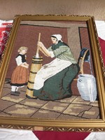 Gobelin kép, korabeli  dolgozó anya, gyermekével,, 72x53 cm,,most 1 forintról