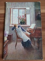 Antik képeslap, művészi, Fiatal lány a zongoránál, postatiszta