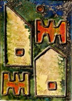 Laborcz Monika (1941): Konstruktív utcakép - mázas terrakotta falidísz