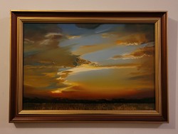 Gyula Farkas: framed original painting of a twilight panorama