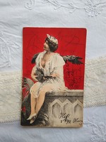Antik enyhén erotikus hosszúcímzéses képeslap hölgy madárjelmezben húros hangszer 1903