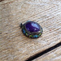 Old Chinese silver pendant with amethyst stone and fire enamel decoration