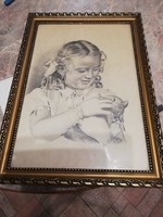 Little girl with a kitten 1946 Russian pencil drawing signed
