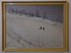 CSÁKI-MARONYÁK JÓZSEF 1910 - 2002: Téli táj vadászokkal a Balatonnál eredeti festménye