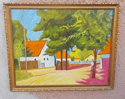 János Váczy: street detail, oil - wood fiber painting