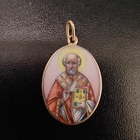 Old Russian fire enamel pendant with a depiction of St. Nicholas