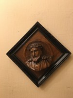 Antique framed wooden carved Christ head.
