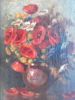 Erzssi Novák: still life with poppy flowers - original marked oil on canvas