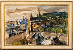 Lajos Sváby (1935 - 2020) painting of the rooftops of Pest c gallery 113x76cm with original guarantee!