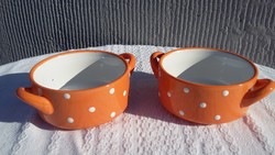 Porcelain soup bowl, cup, orange, polka dot 2 pcs