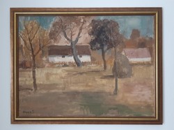 Rozs János (1901-1987): Falusi házak (60×80cm)