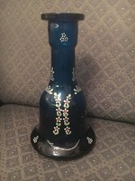 Éjkék színű, kézi festésű, különleges antik üveg váza