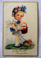 Régi grafikus Húsvéti üdvözlő képeslap kislány kosár tojással nyuszival