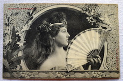 Antik francia szecessziós fotó képeslap hölgy legyezővel