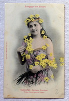 Antik francia nosztalgia fotó képeslap hölgy nárcisszal