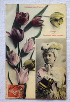 Antik francia nosztalgia fotó képeslap tulipán hölgy