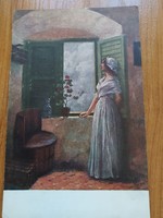 Antique postcard, artistic, tolnay: waiting, young girl in window, roses, postman