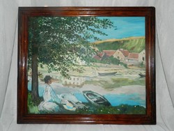 Woman on the waterfront - antique oil / canvas painting in wooden frame