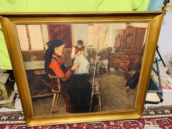 Large-scale lithograph painted in thick paint in a valuable wooden frame