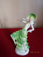 Német porcelán figura, kézzel festett zöld ruhás lány. Vanneki! Jókai.