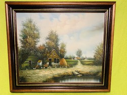 Slightly larger than brutally well-painted farm landscape, oil on canvas painting