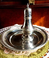 Luxurious, old, silver-plated, marked, pierced serving bowl with a beautiful, also silver-plated powdered sugar spray