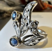 1 Forintról! Antik Szecessziós Arany (4,4 g) gyűrű, természetes kék Zafírokkal és Gyémántokkal!