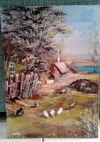 "Tanya tyúkokkal" Páros-festmény 1.rész.farostlemezen 28 x39 cm,ragyogó színekkel