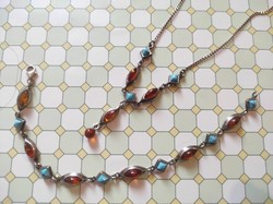 Silver antique necklace set: necklace + bracelet with turquoise and amber - 925 sterling