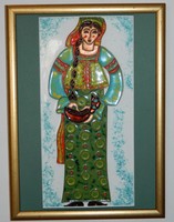 Fire enamel mural: woman in folk costume - compartment enamel technique