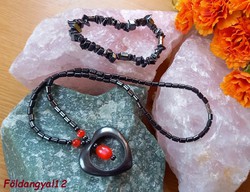 New graceful magnetite (magnet) necklace with heart pendant and a hematite chips bracelet