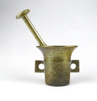 1I485 antique square brass mortar with pestle