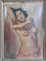 Half-naked - brown-haired girl with wolf sign on old oil canvas wooden board