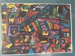 Miklós Cs.Németh: people in a colorful landscape, original marked oil cardboard 1998