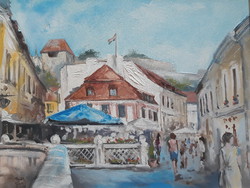 City of Eger - summer street view with the senator's house, marked oil cardboard, 2012