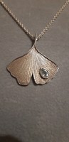 Large (35 mm x 35 mm), topaz stone ginkgo leaf silver pendant on long (720 mm) silver chain