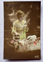 Antik  romantikus fotó képeslap  vasaló hölgy levéllel