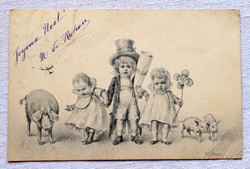 Antik VV Wienne Újévi üdvözlő grafikus képeslap R.R.v.Wichera kisgyerekek malacok lóhere