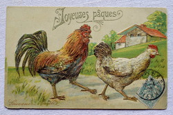 Antik  dombornyomott Húsvéti üdvözlő képeslap  tyúk és kakas