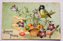 Antik Húsvéti üdvözlő képeslap  cinke tojások kosárban harangvirág