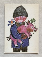 Régi postatiszta Újévi képeslap, rajzos levelezőlap - Reich Károly rajz